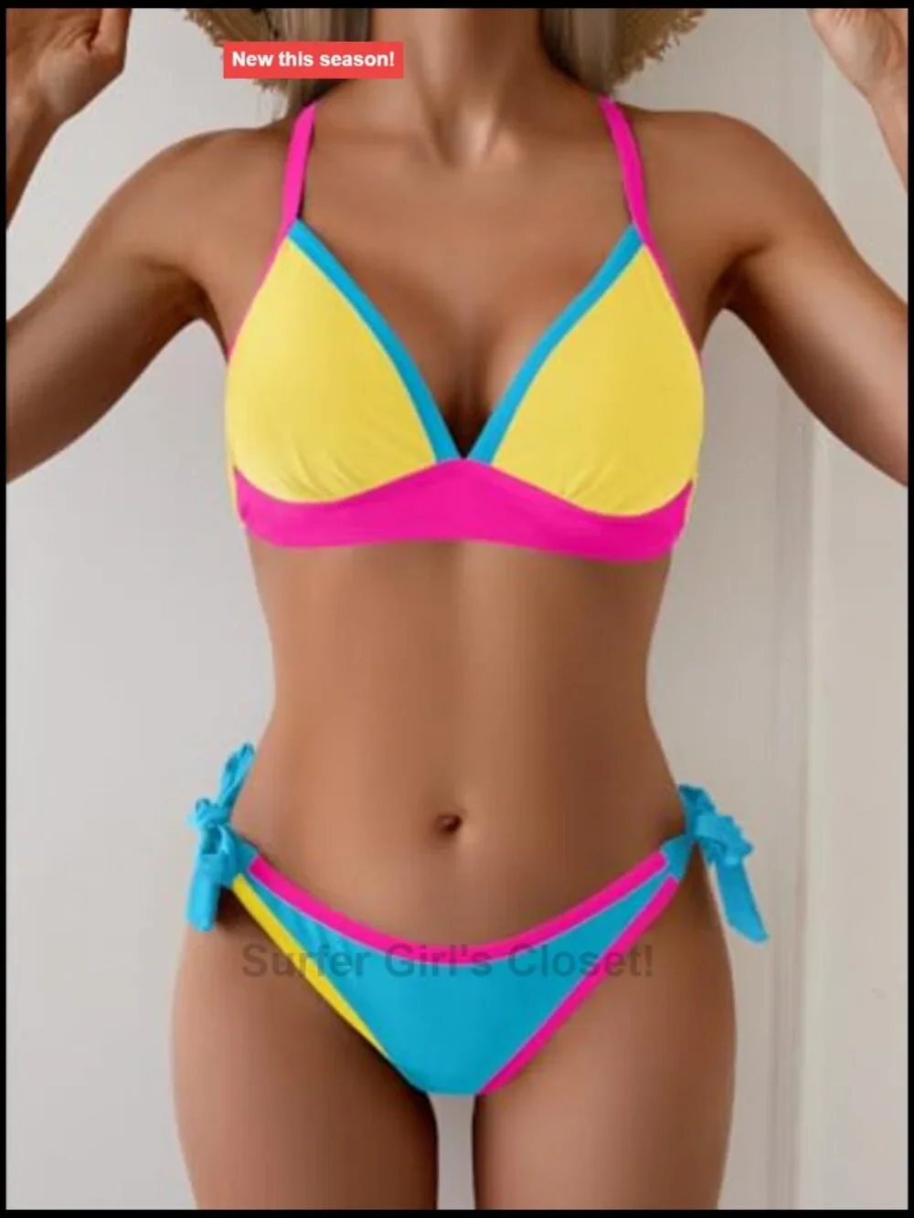 V Neck Bikini Set with Adjustable Criss Cross Back and Tie Side Cheeky Bottoms